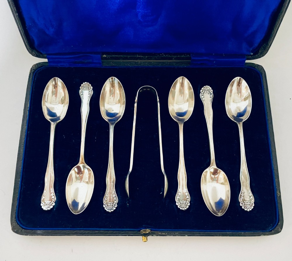 Set of 6 Silver Teaspoons and Tongs View II