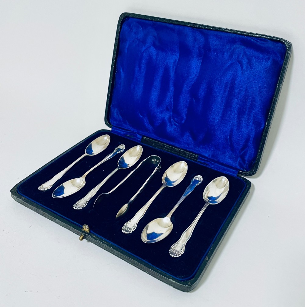 Set of 6 Silver Teaspoons and Tongs View III