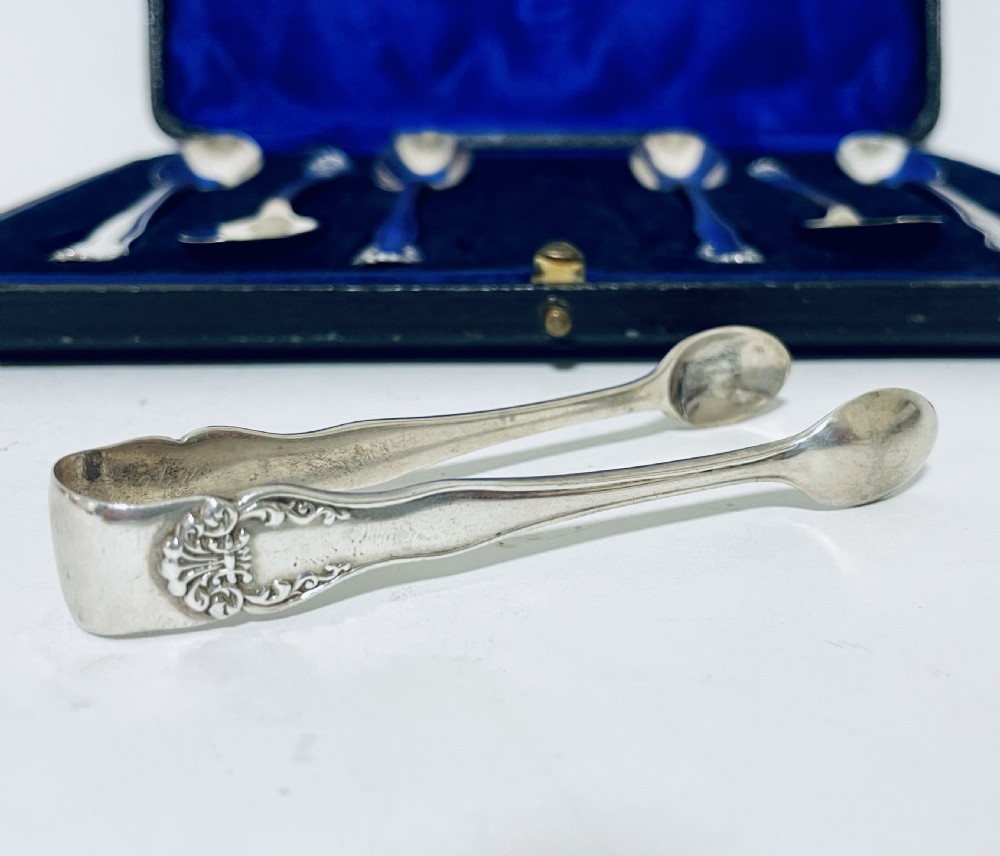 Set of 6 Silver Teaspoons and Tongs View XI