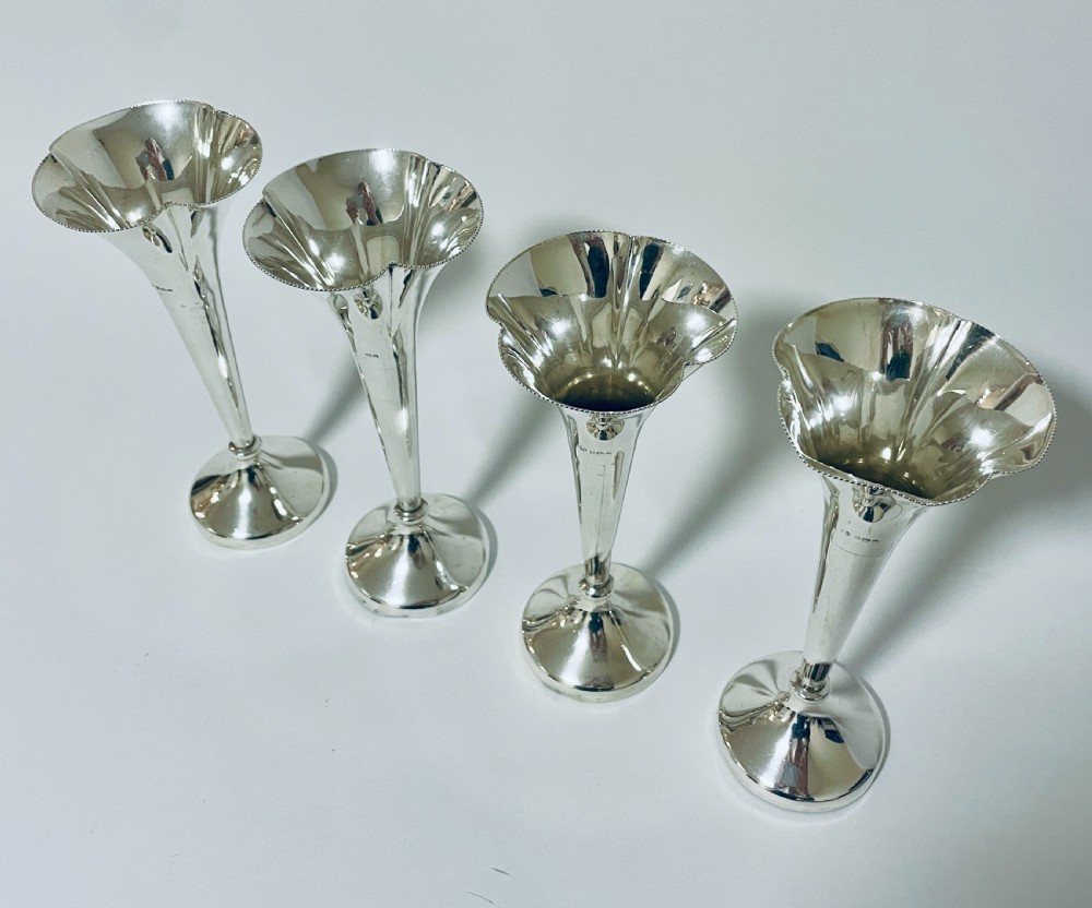 Set of 4 Antique Sterling Silver Trumpet Vases View V