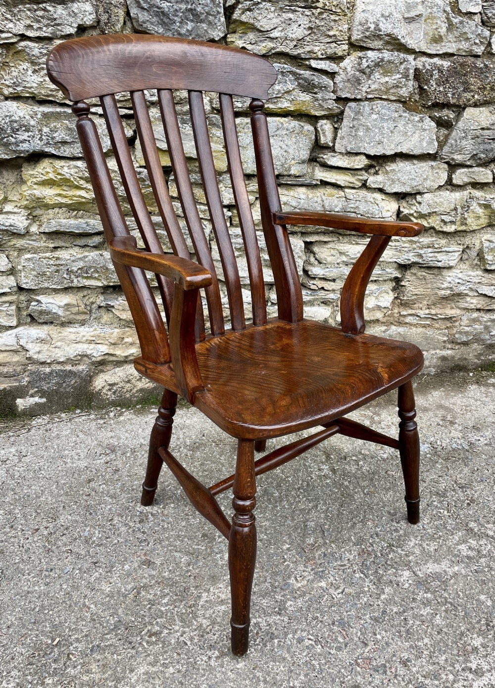 Antique Elm Lathe Back Farmhouse Chair View XIV