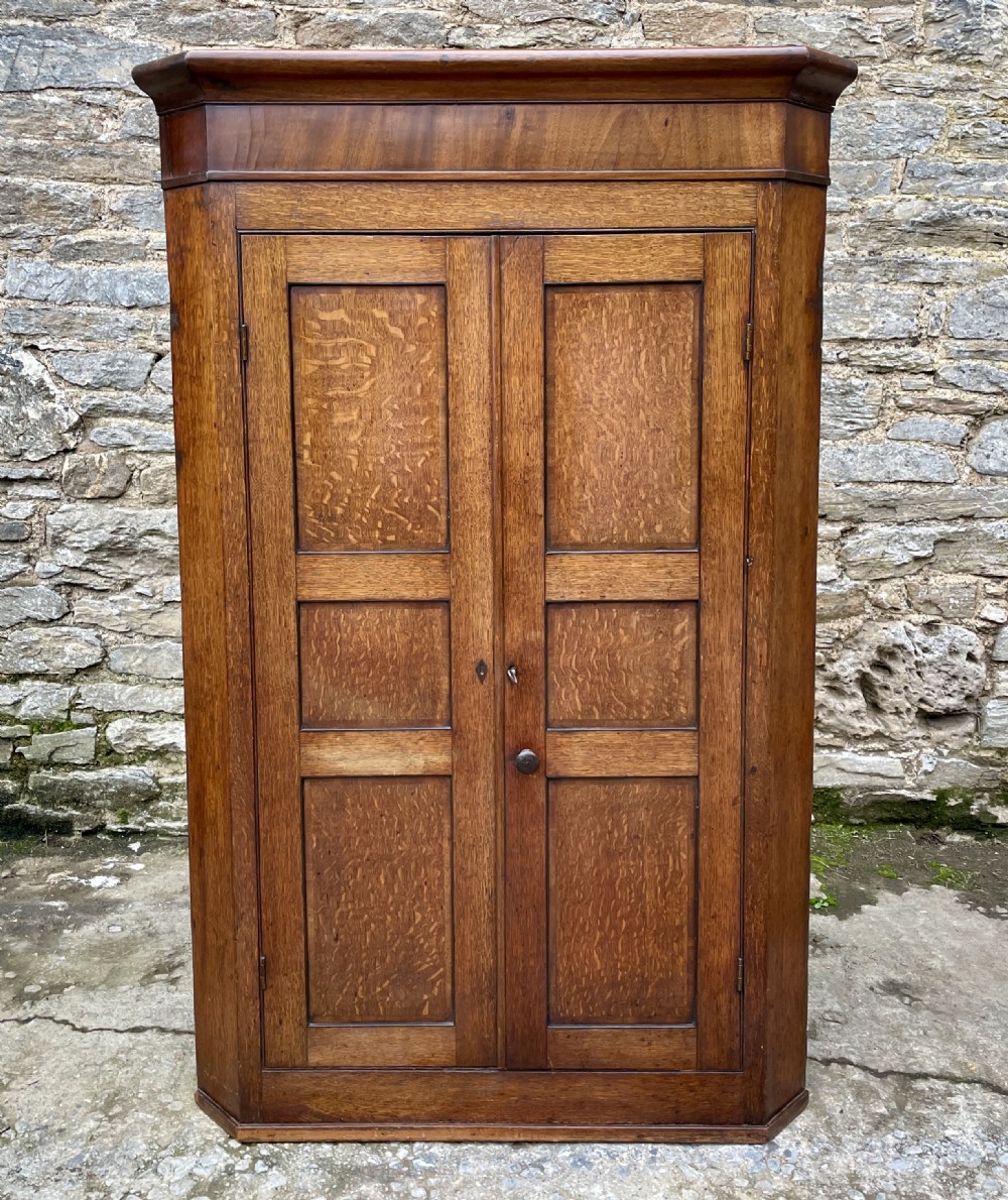 A floor-standing Georgian oak corner cupboard featuring double panelled doors and a moulded top cornice. View II