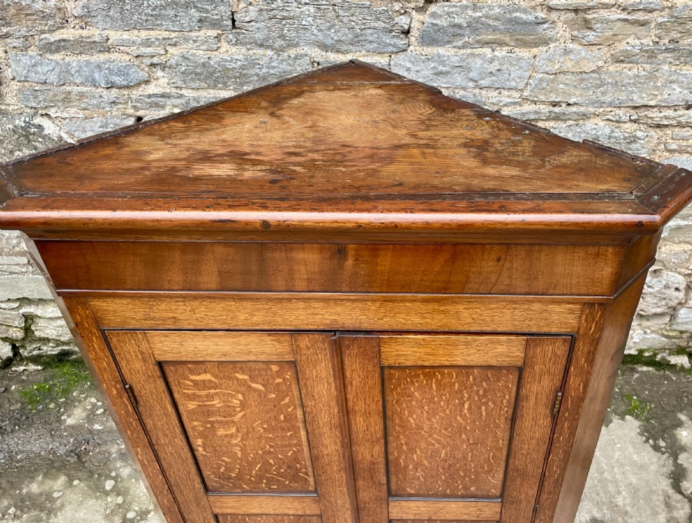 A floor-standing Georgian oak corner cupboard featuring double panelled doors and a moulded top cornice. View VIII