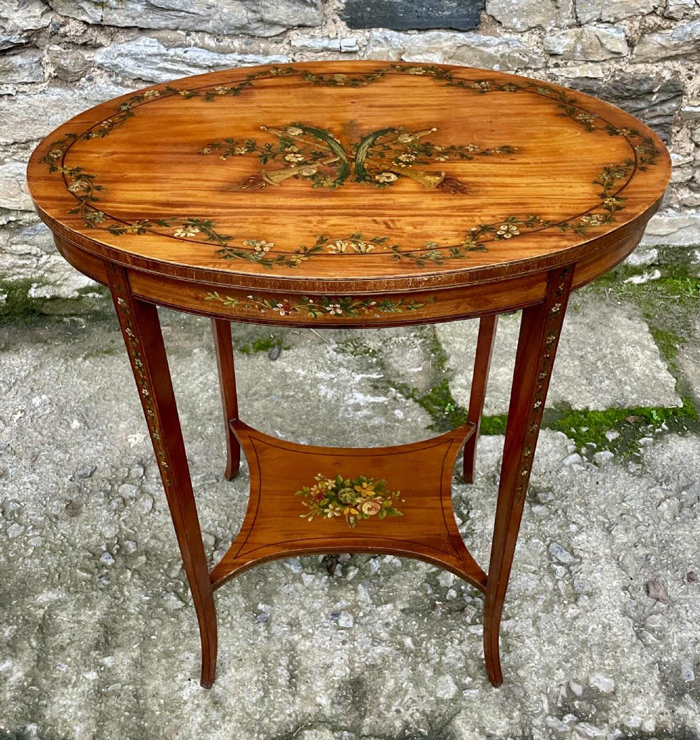 Edwardian Sheraton Revival Hand Painted Satinwood Table View XIX