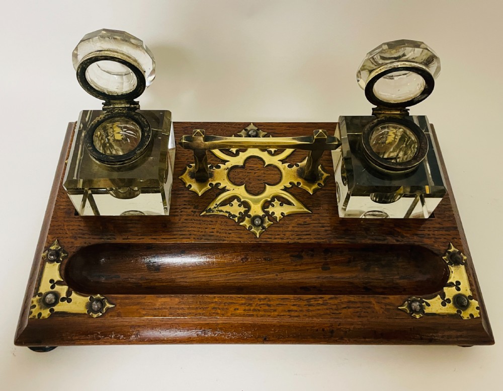 Victorian Oak and Brass Mounted Desk Stand View V