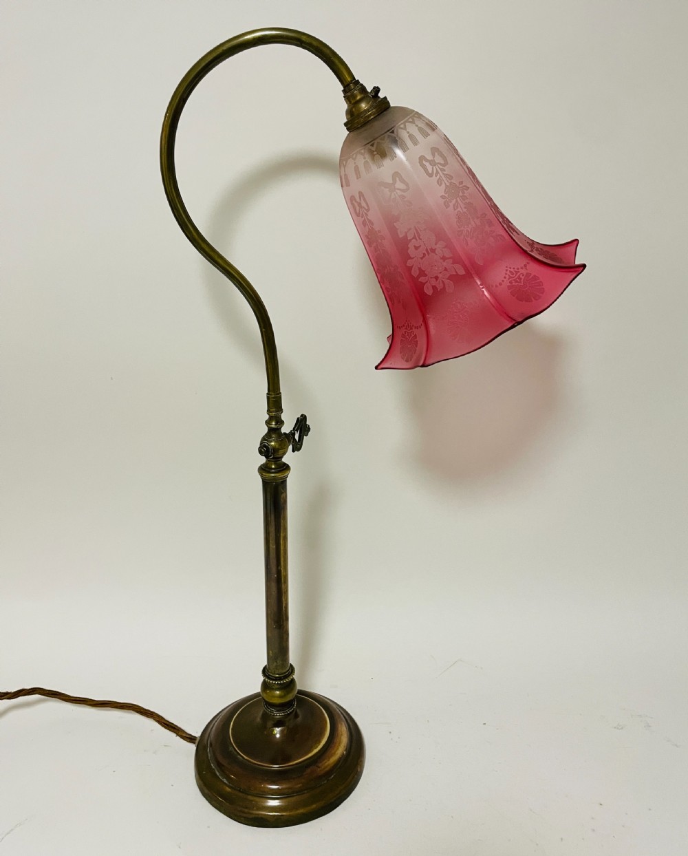 Antique Brass Reading Lamp with Cranberry Glass Shade