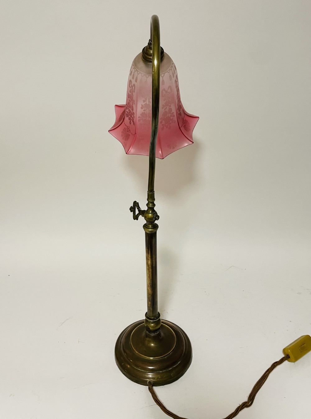 Antique Brass Reading Lamp with Cranberry Glass Shade View IV