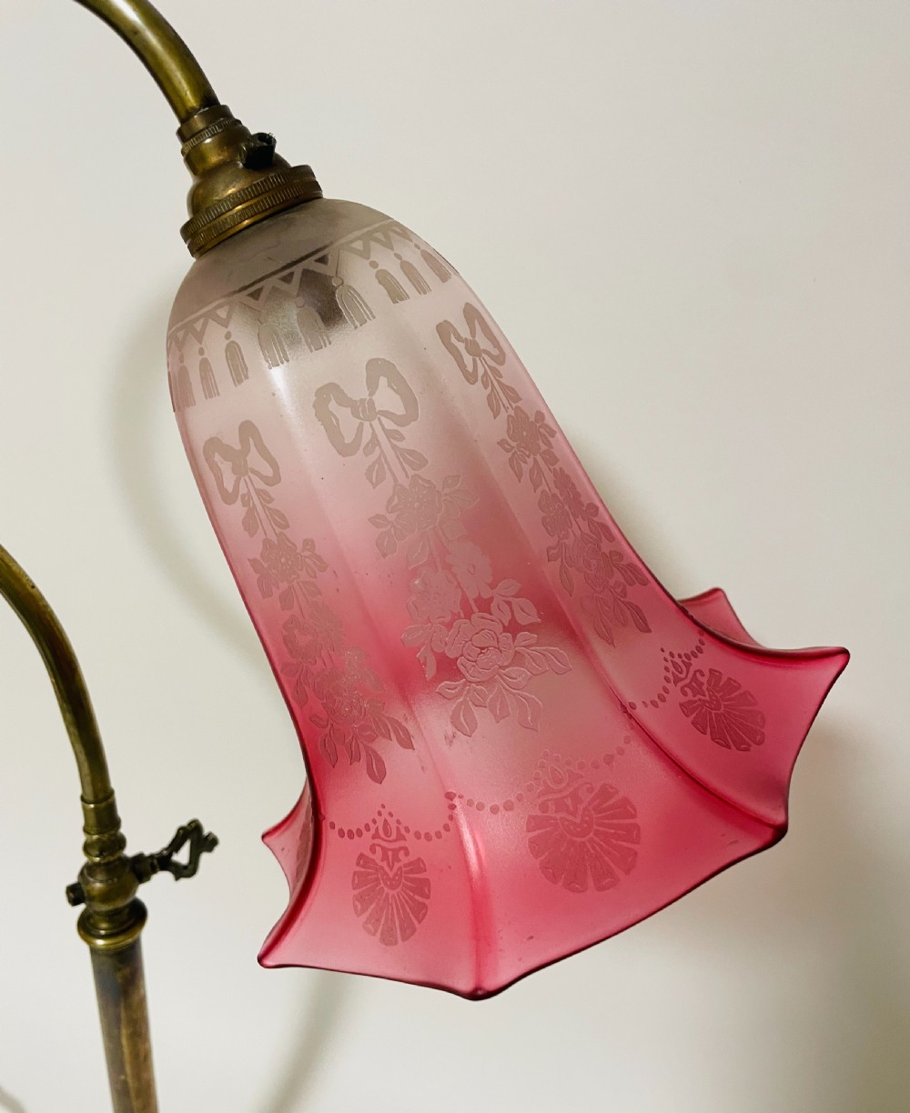 Antique Brass Reading Lamp with Cranberry Glass Shade View V