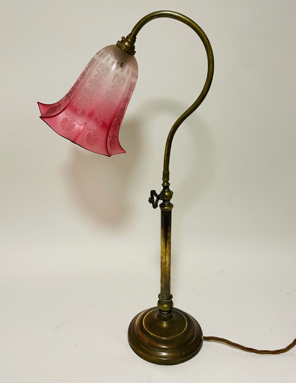 Antique Brass Reading Lamp with Cranberry Glass Shade View VII