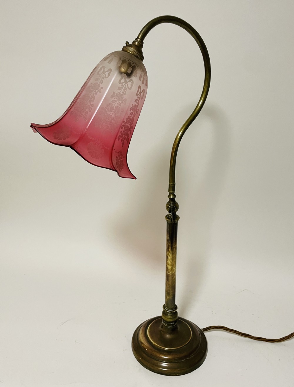 Antique Brass Reading Lamp with Cranberry Glass Shade View X