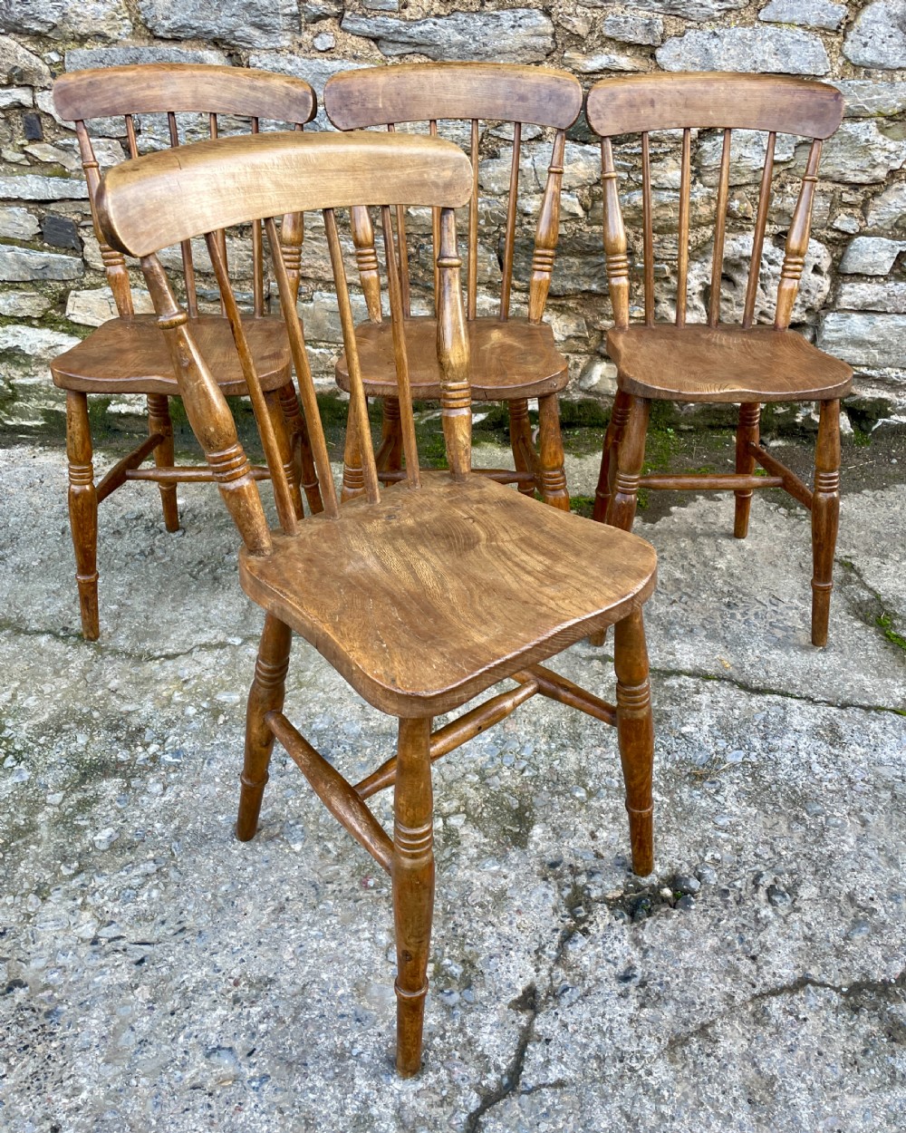 Set of Four Antique Elm Kitchen Chairs View VI