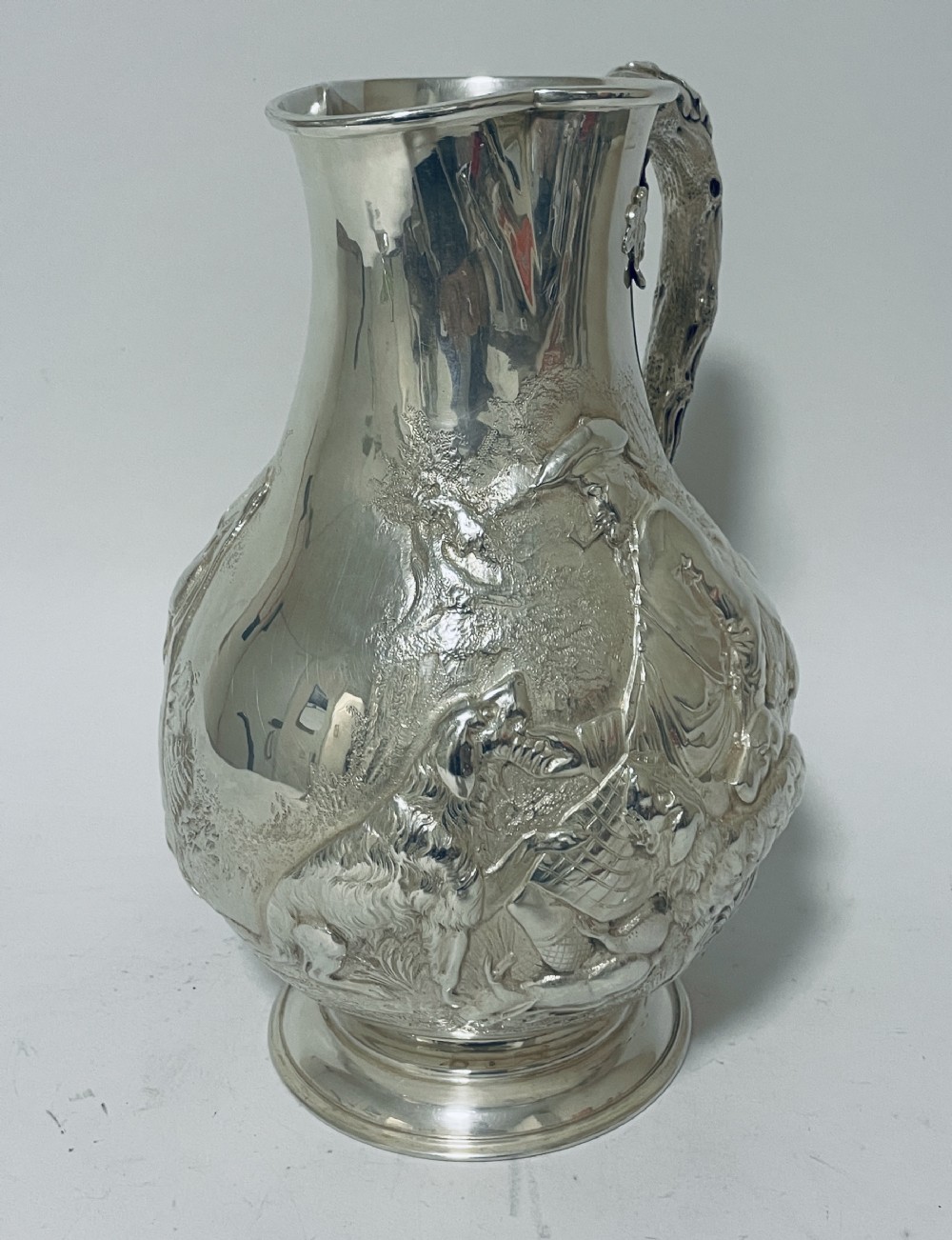 Large Victorian Silver Water Jug embossed with Scottish Hunting Scenes