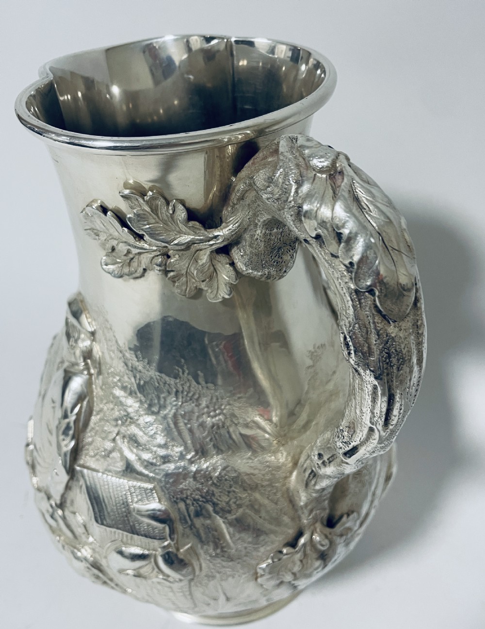 Large Victorian Silver Water Jug embossed with Scottish Hunting Scenes View IX