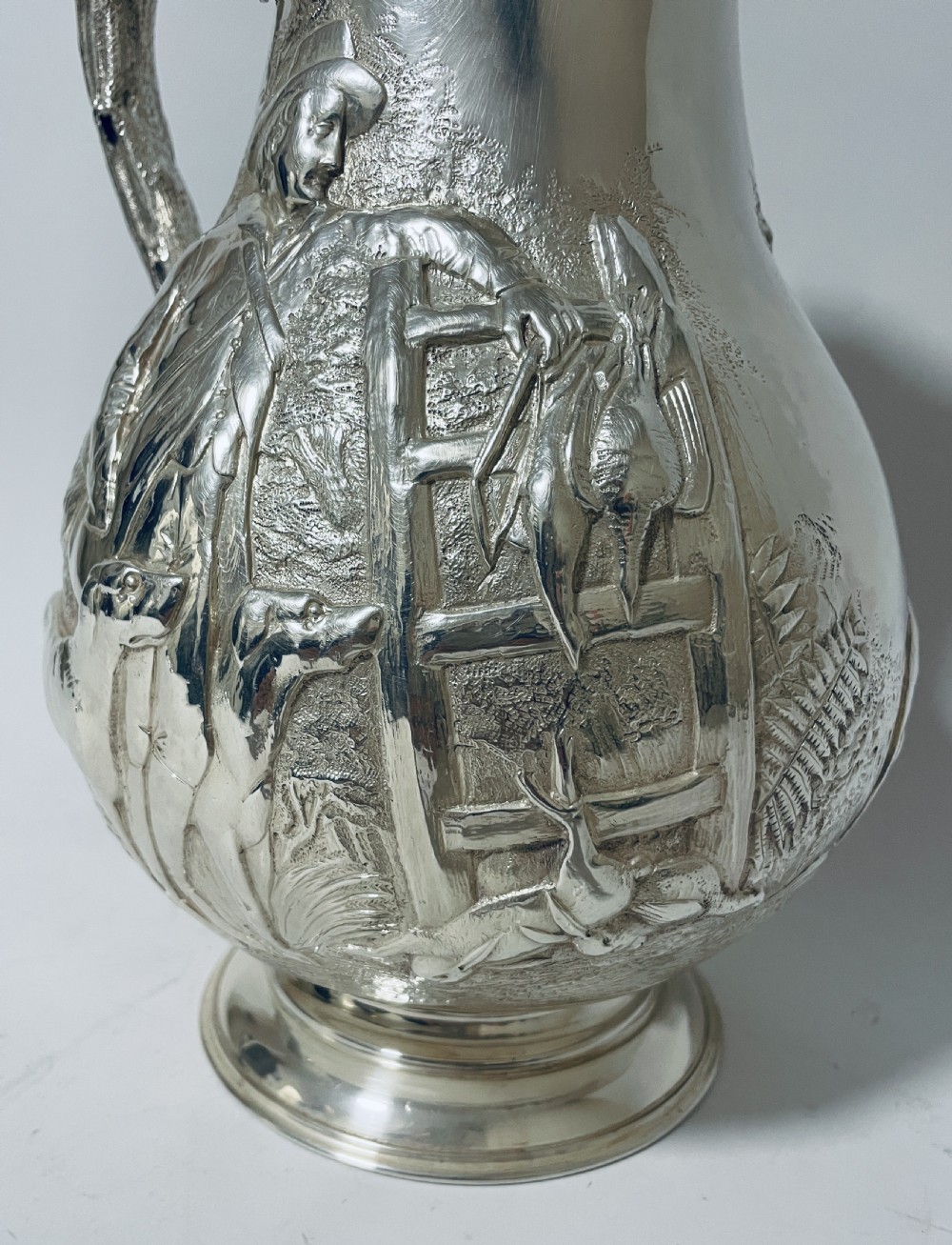 Large Victorian Silver Water Jug embossed with Scottish Hunting Scenes View XIII