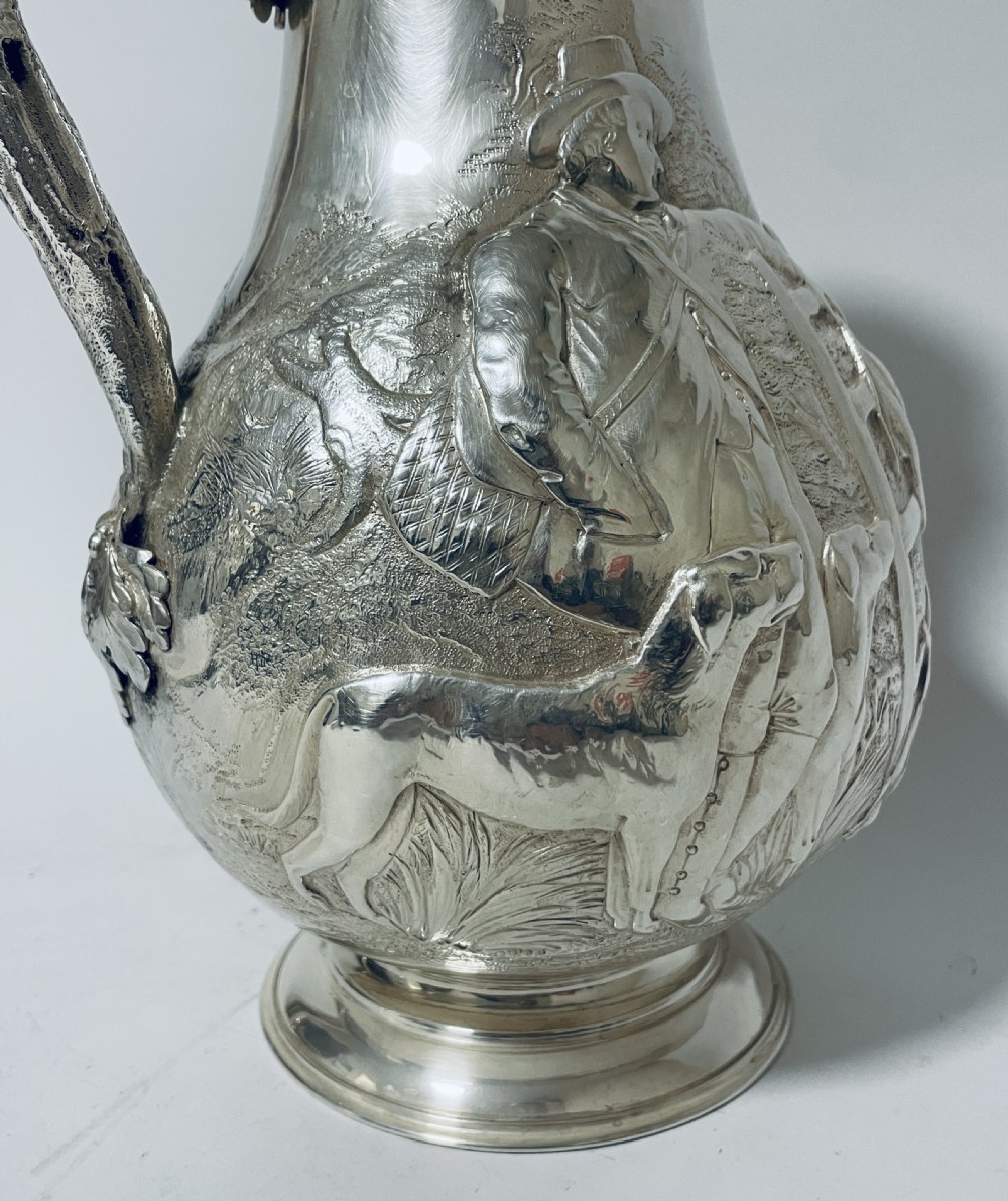 Large Victorian Silver Water Jug embossed with Scottish Hunting Scenes View XIV