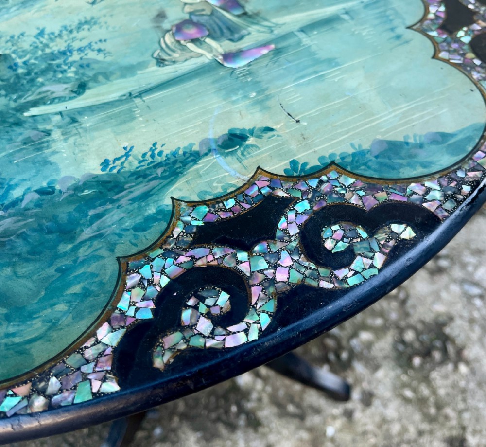 Victorian Hand Painted Tilt Top Table with Mother of Pearl Inlay View IV