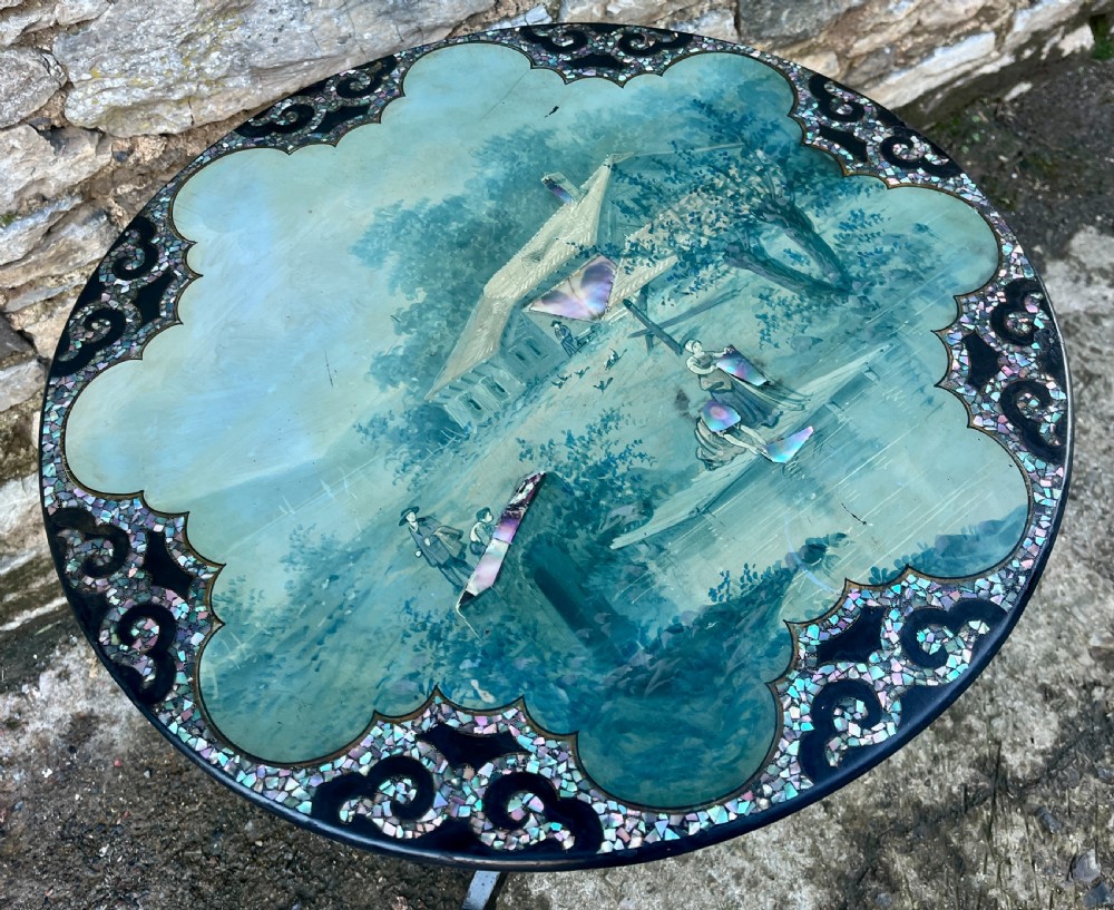 Victorian Hand Painted Tilt Top Table with Mother of Pearl Inlay View V