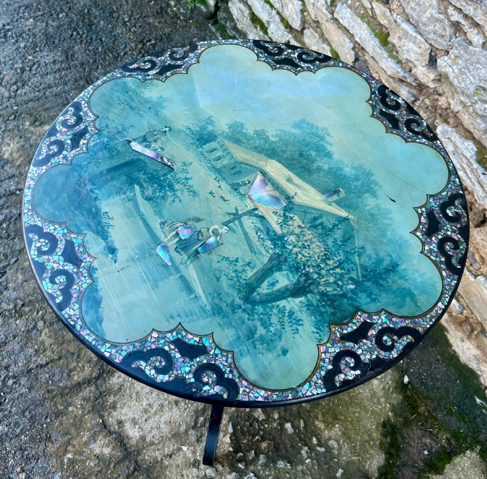 Victorian Hand Painted Tilt Top Table with Mother of Pearl Inlay View VII
