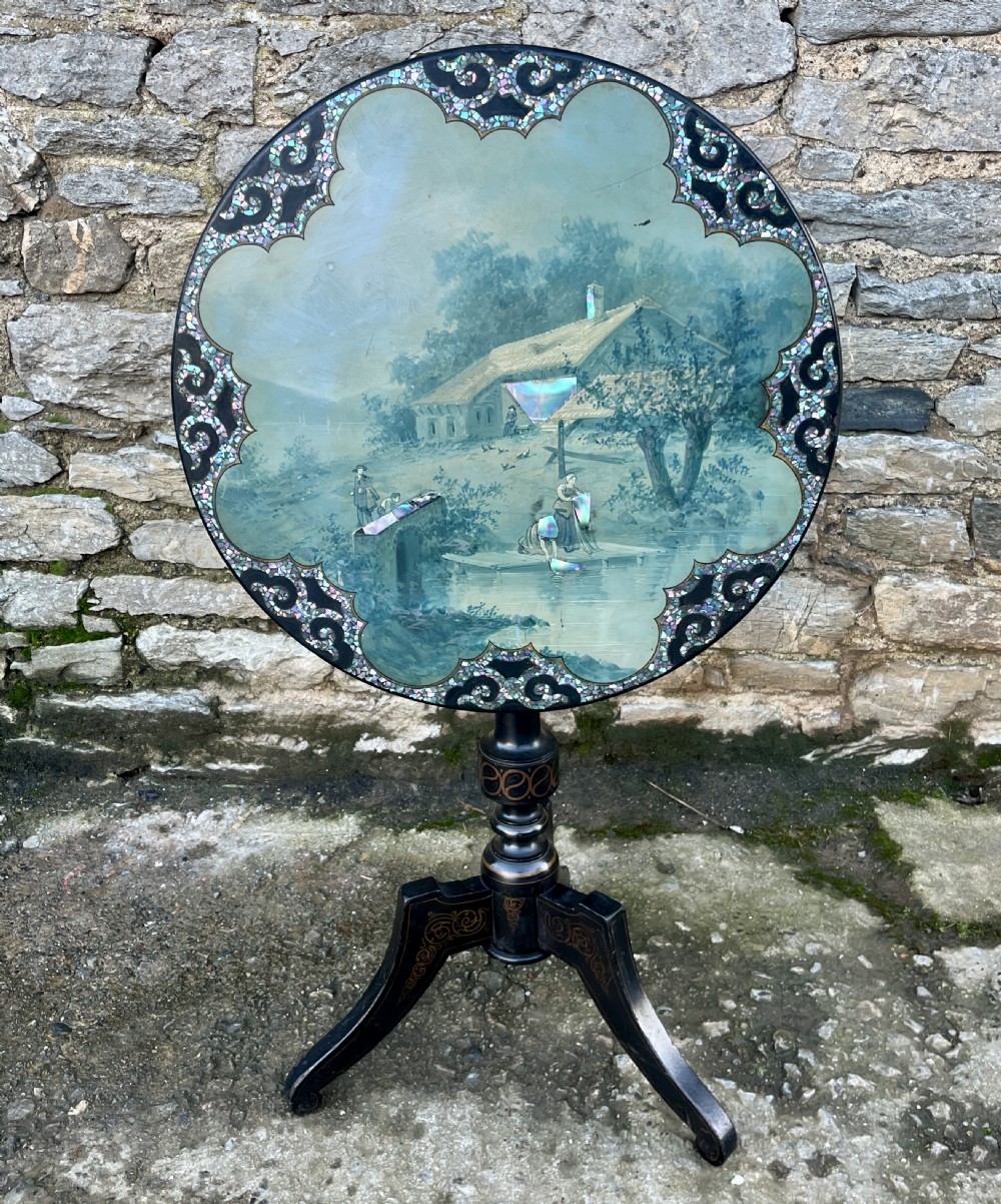 Victorian Hand Painted Tilt Top Table with Mother of Pearl Inlay View XIV