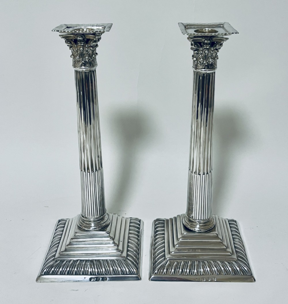 Pair of Georgian Silver Corinthian Column Candlesticks