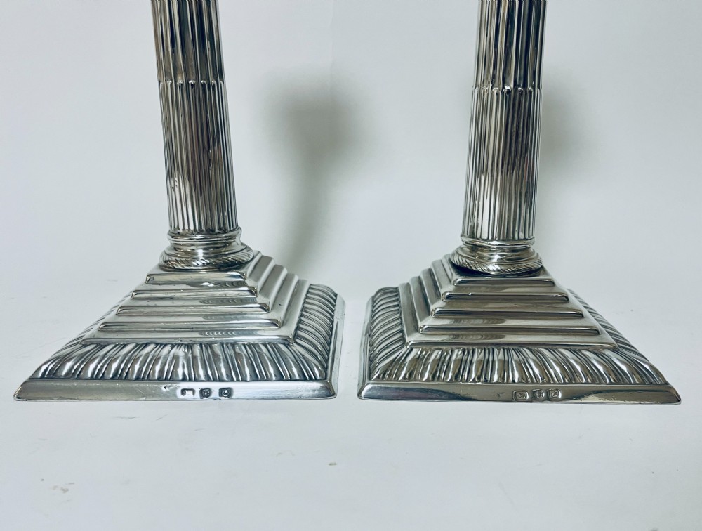 Pair of Georgian Silver Corinthian Column Candlesticks View IV