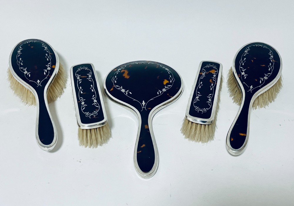 5-Piece Art Deco Tortoiseshell and Silver Vanity Set
