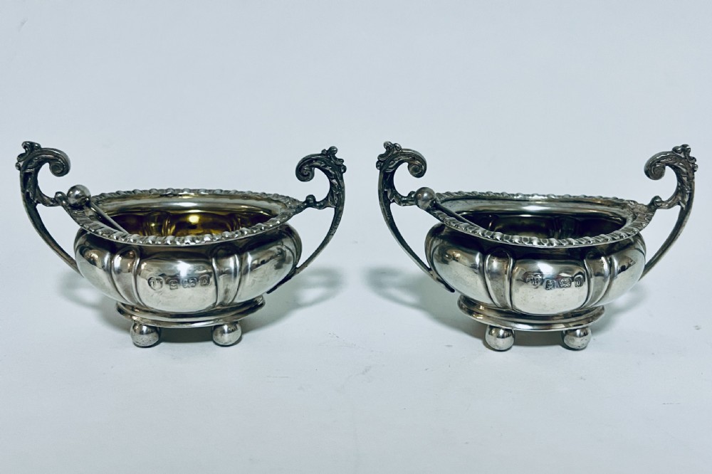 Pair of Antique Silver Salts and Spoons View II