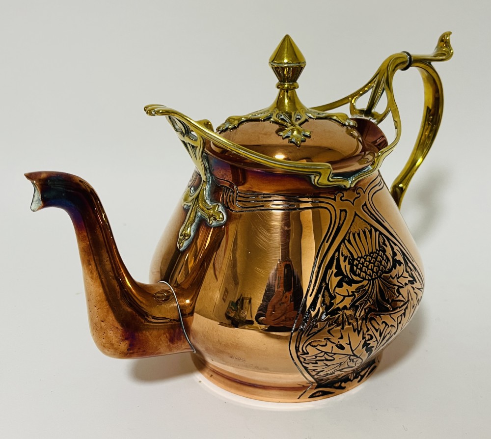 Art Nouveau Copper and Brass Tea Set View V