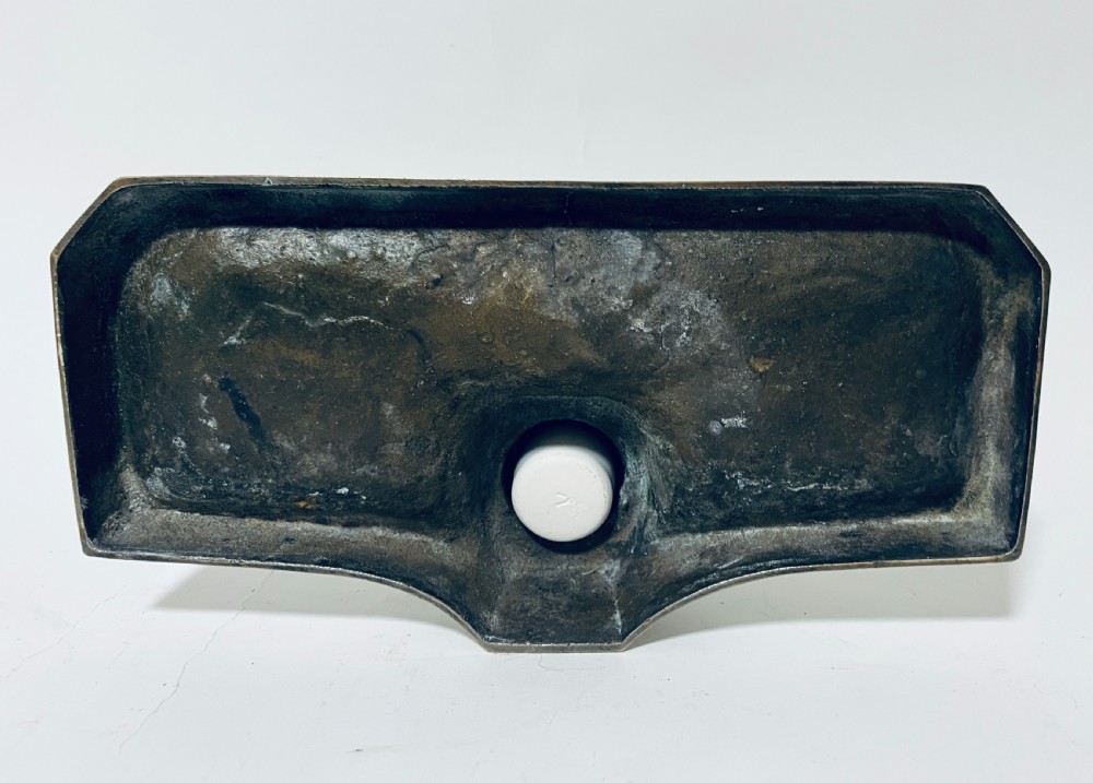 An antique Art Nouveau silver-plated desk stand featuring a central hinged inkwell flanked by two pen trays. View XII