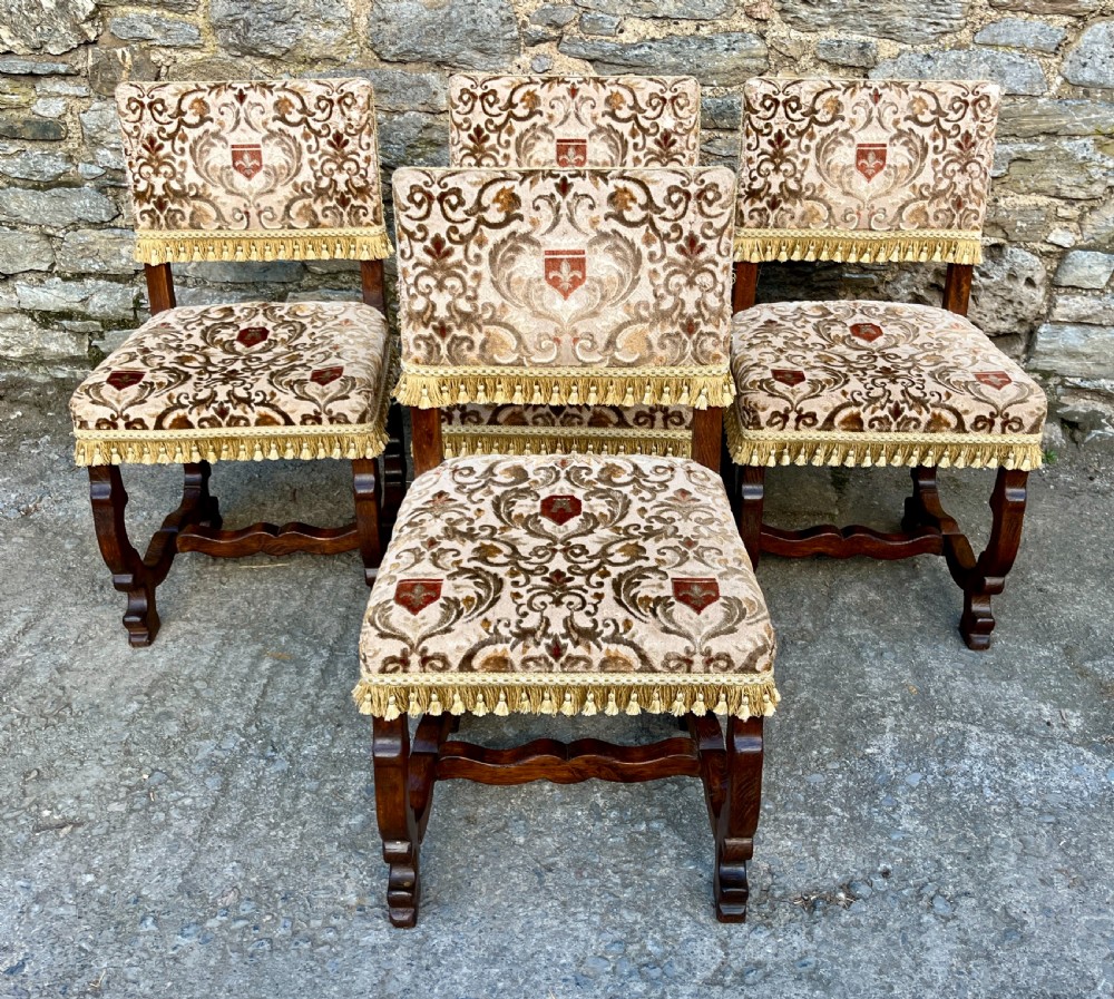 Set of 4 Antique French Oak Upholstered Chairs