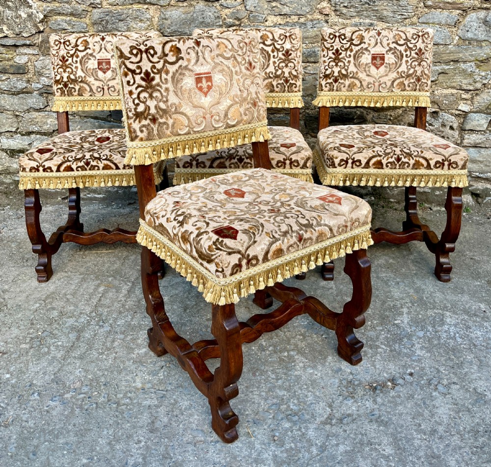 Set of 4 Antique French Oak Upholstered Chairs View X