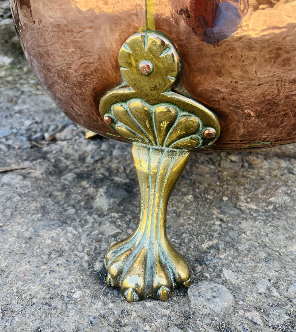 Victorian Copper Cauldron with Brass Lions Paw Feet View VII
