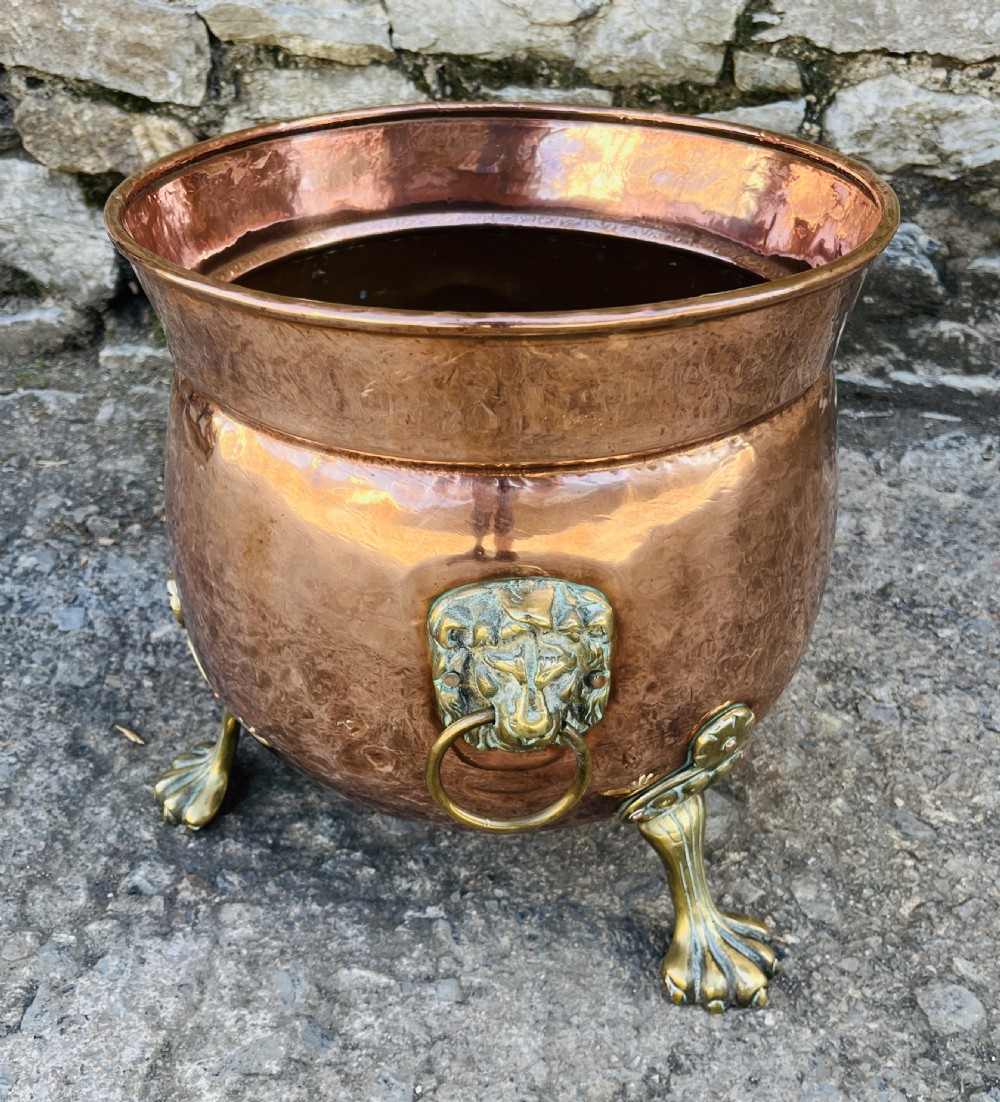 Victorian Copper Cauldron with Brass Lions Paw Feet View IX