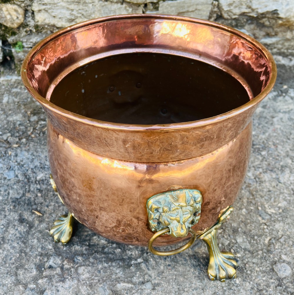 Victorian Copper Cauldron with Brass Lions Paw Feet View XI