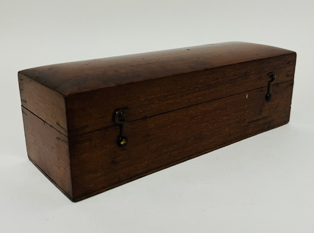 A Victorian brass drum microscope seated in its original fitted mahogany box with brass clasps. View XVI