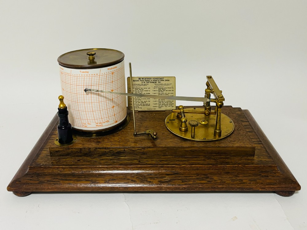 An antique barograph featuring an oak frame with glass side panels enclosing a revolving paper chart drum and polished brass mechanism. View V