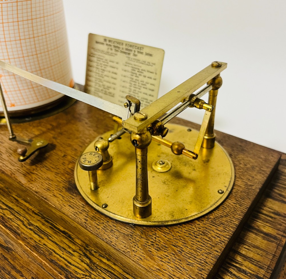 An antique barograph featuring an oak frame with glass side panels enclosing a revolving paper chart drum and polished brass mechanism. View IX