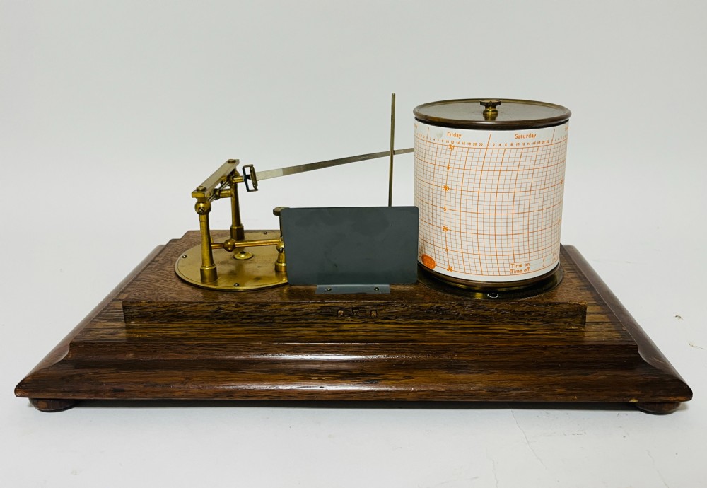An antique barograph featuring an oak frame with glass side panels enclosing a revolving paper chart drum and polished brass mechanism. View XII