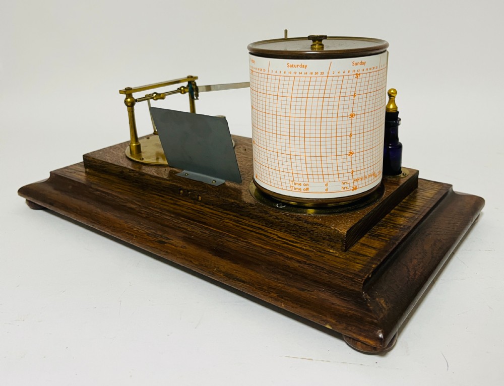 An antique barograph featuring an oak frame with glass side panels enclosing a revolving paper chart drum and polished brass mechanism. View XIV