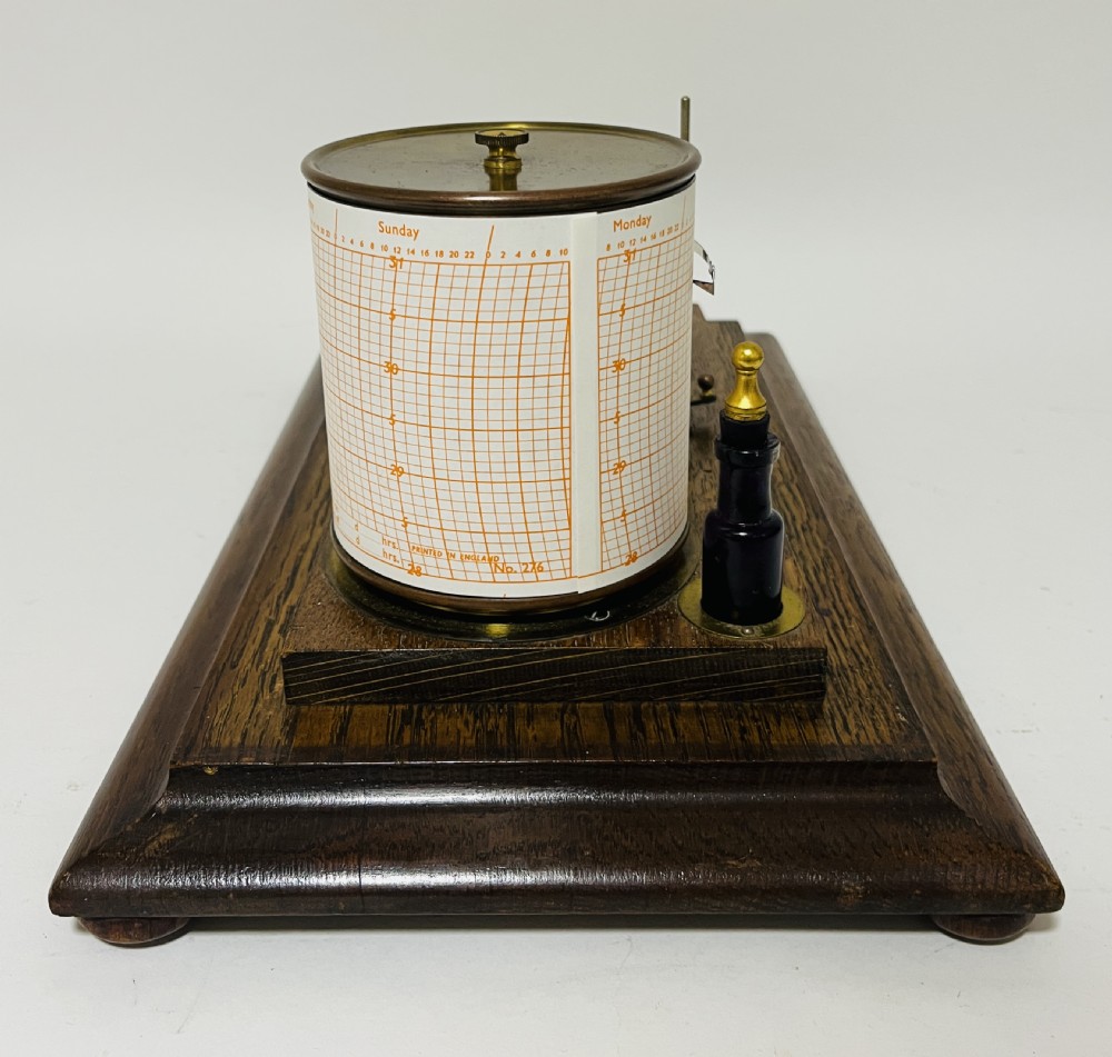 An antique barograph featuring an oak frame with glass side panels enclosing a revolving paper chart drum and polished brass mechanism. View XV