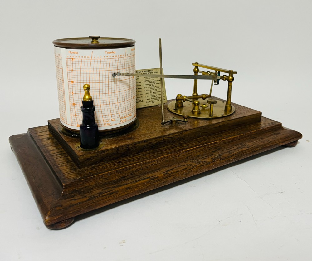 An antique barograph featuring an oak frame with glass side panels enclosing a revolving paper chart drum and polished brass mechanism. View XVI