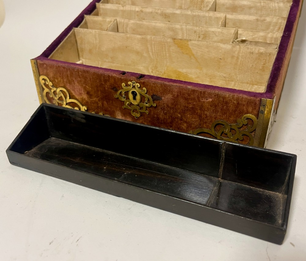 Victorian Gilt Brass and Velvet Stationery Box View X