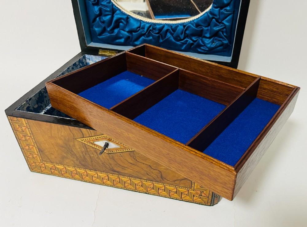 Victorian Walnut Tunbridge Inlaid Jewellery Box View IV