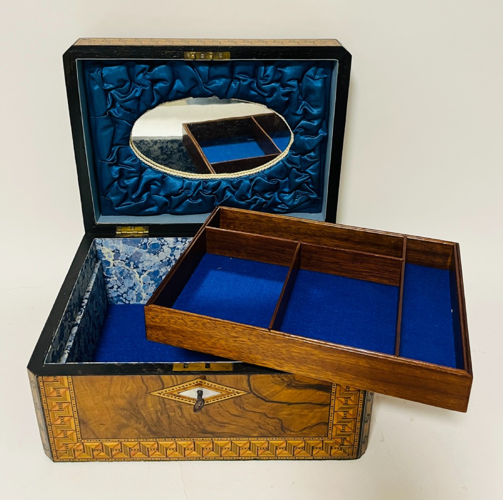 Victorian Walnut Tunbridge Inlaid Jewellery Box View VII