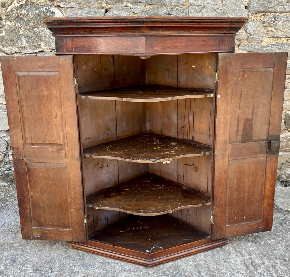A Georgian dark oak wall-hanging corner cupboard featuring twin fielded panel doors and decorative brass H-hinges. View IX