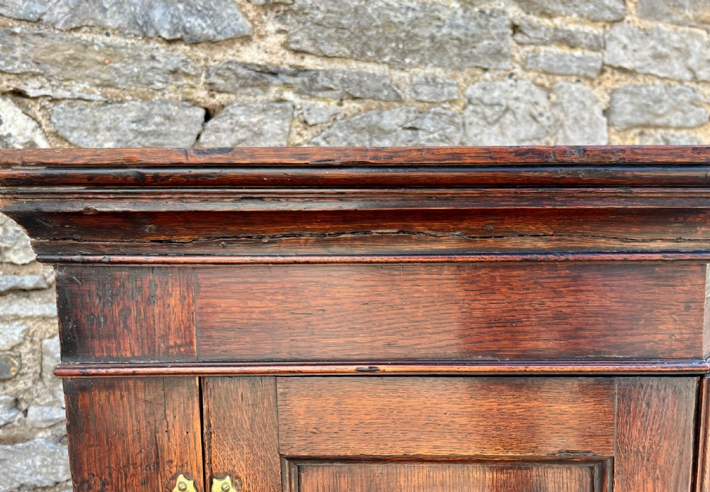 A Georgian dark oak wall-hanging corner cupboard featuring twin fielded panel doors and decorative brass H-hinges. View XII