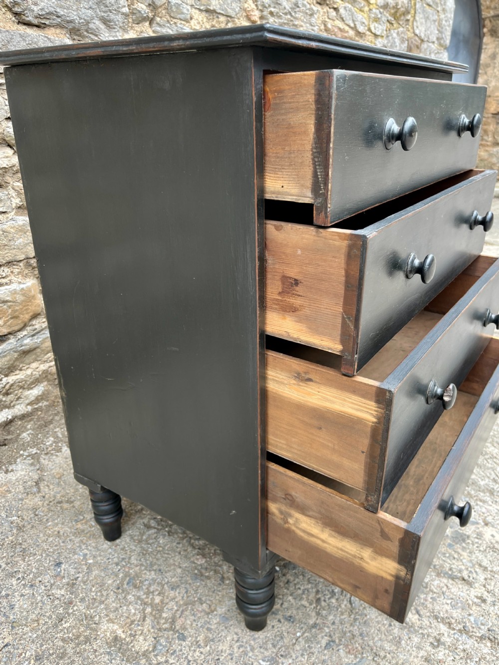 Small Antique Ebonised Pine Chest of Drawers View X