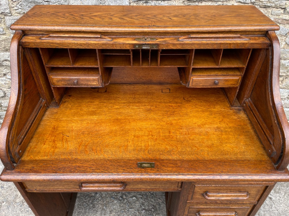 Edwardian Oak Roll Top Tambour Desk View V