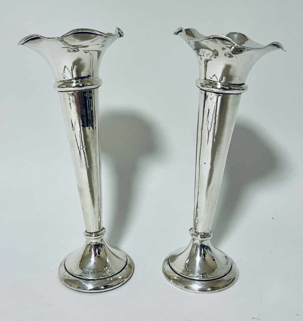 Pair of Antique Silver Trumpet Vases