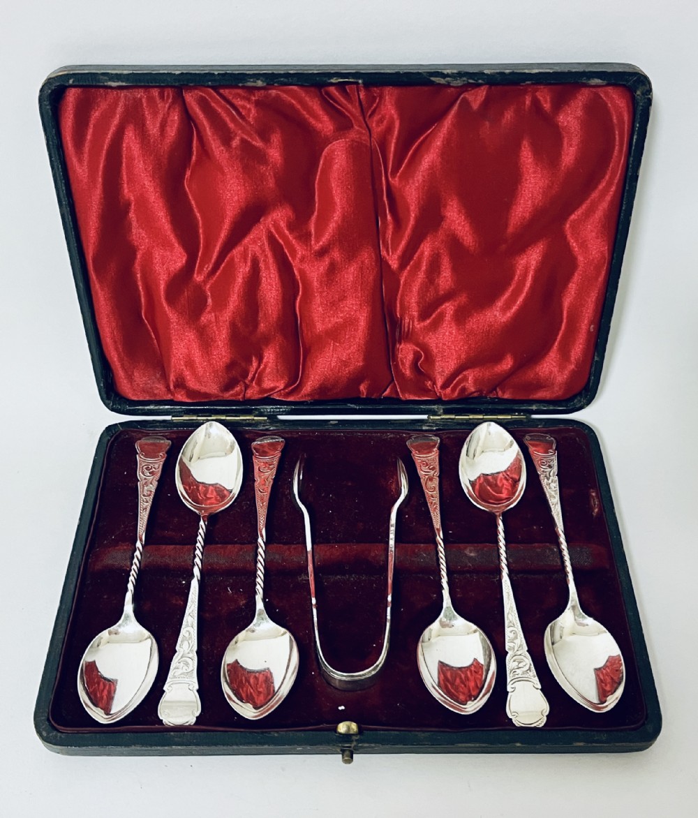 Set of 6 Antique Silver Teaspoons & Sugar Tongs